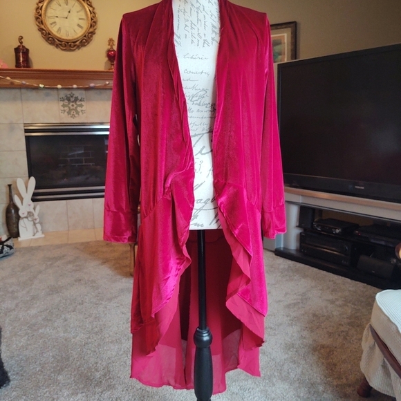 Urban Coco Tops - Women's Open Front Velvet Duster Cardigan - Deep Magenta